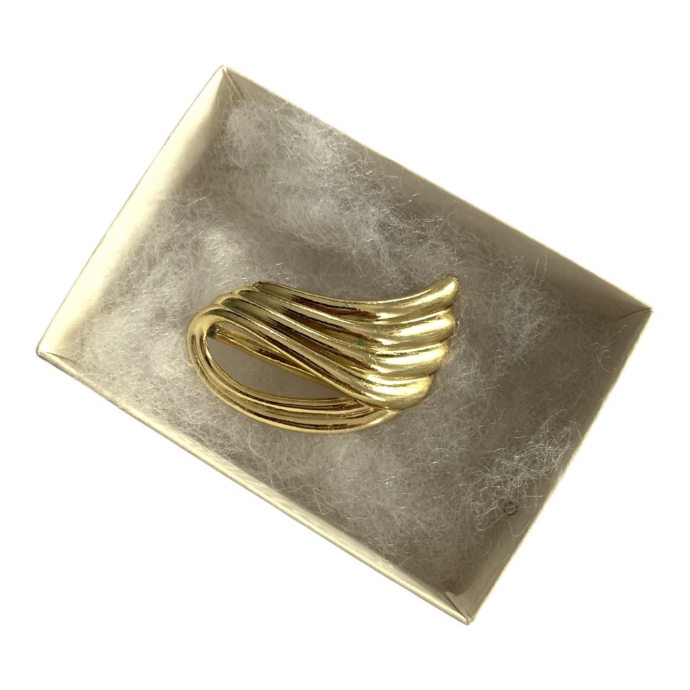 Vintage Signed Piscitelli Angel Wing Scarf Slide Luxury Gold tone Swirl Wave
